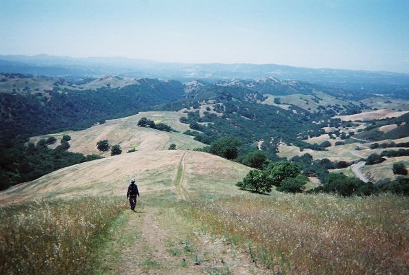 Dinesh walking downhill with the trail extending far ahead of him